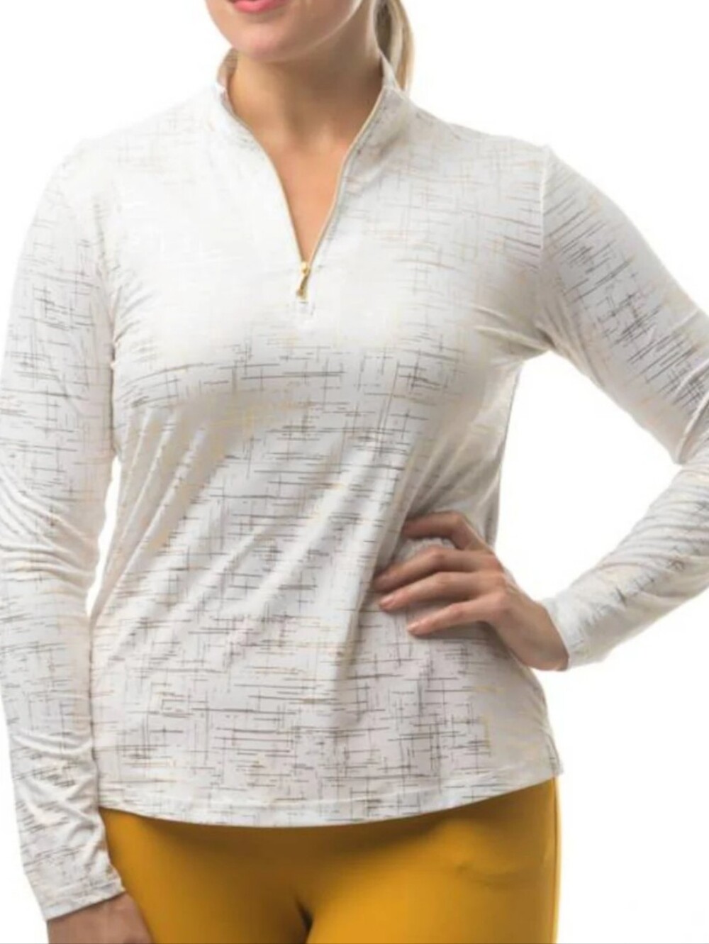 SanSoleil Women's SolShine Foil Print ¼-Zip  Pullover In White And Gold UPF 50